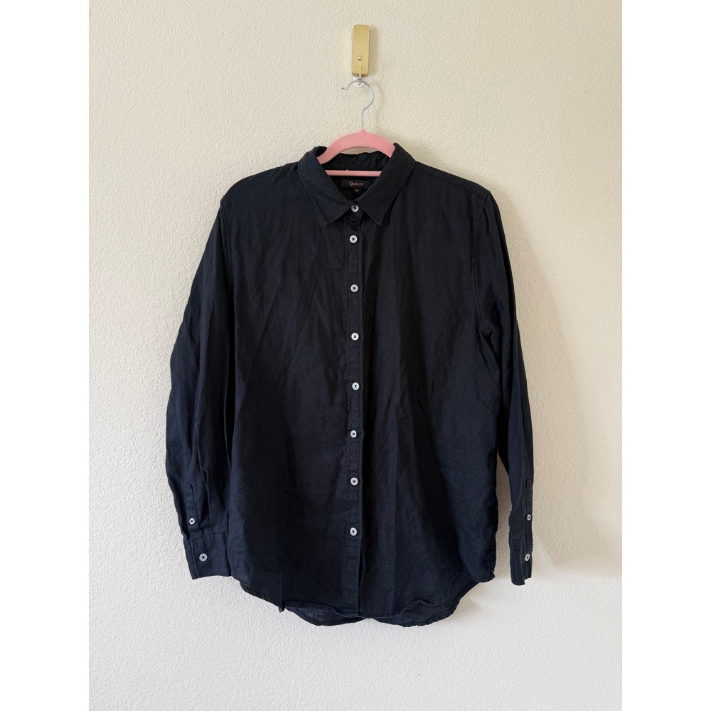 Quince Womens Black 100% European Linen Long Sleeve Button Down Shirt Size M